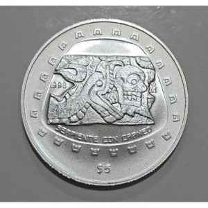 Реверс монеты Мексика, 5 песо, 1998, Тольтеки - Serpiente con Craneo