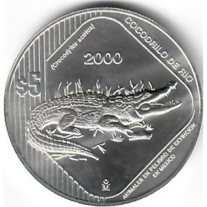 Реверс монеты Мексика, 5 песо, 2000, Вымирающие виды - Острорылый крокодил