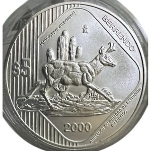 Реверс монеты Мексика, 5 песо, 2000, Вымирающие виды - Вилорог