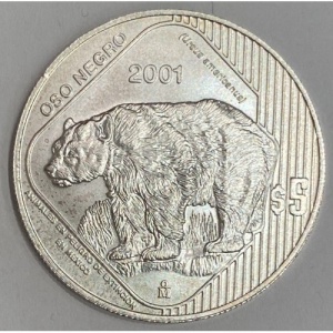 Реверс монеты Мексика, 5 песо, 2001, Вымирающие виды - Чёрный медведь