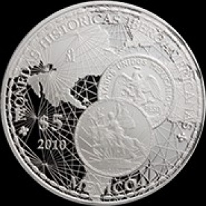 Реверс монеты Мексика, 5 песо, 2010, Иберо-Америка - Исторические монеты /13 гербов на аверсе/