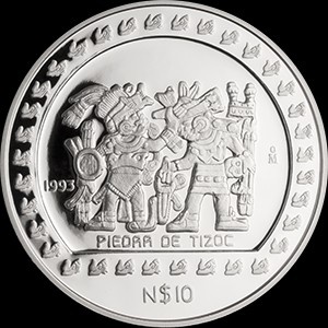 Реверс монеты Мексика, 10 новых песо, 1992-1993, Ацтеки - Камень Тизока /Piedra de Tizoc/