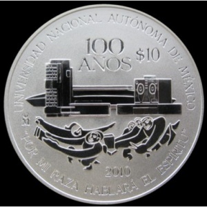 Реверс монеты Мексика, 10 песо, 2010, 100 лет Национальному автономному университету Мексики