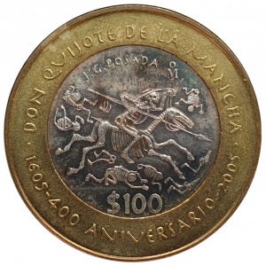 Реверс монеты Мексика, 100 песо, 2005, 400-летие романа Дон Кихот Ламанчский /без точек внутри букв "DOQO"/