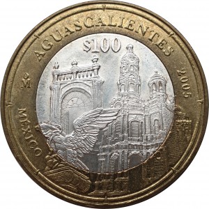 Реверс монеты Мексика, 100 песо, 2005, Агуаскальентесс /Храм Сан-Антонио и скульптура/