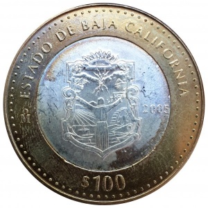 Реверс монеты Мексика, 100 песо, 2005, Нижняя Калифорния /Герб штата/