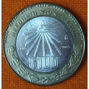 Реверс монеты Мексика, 100 песо, 2005, 100 лет монетной реформе