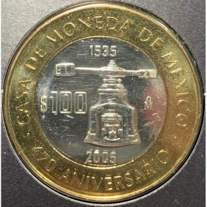 Реверс монеты Мексика, 100 песо, 2005, 470 лет монетному двору Мексики