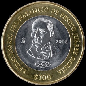 Реверс монеты Мексика, 100 песо, 2006, 200 лет со дня рождения Бенито Хуареса