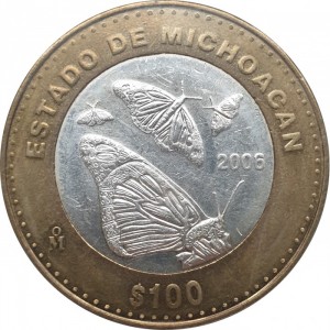 Реверс монеты Мексика, 100 песо, 2006, Мичоакан