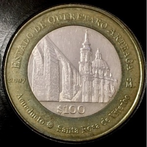 Реверс монеты Мексика, 100 песо, 2007, Керетаро Артеага
