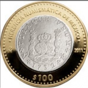 Реверс монеты Мексика, 100 песо, 2011, Pillar Dollar 1732