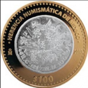 Реверс монеты Мексика, 100 песо, 2013, Республиканская монета с надчеканом, 8 реалов
