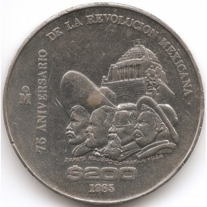 Реверс монеты Мексика, 200 песо, 1985, 75 лет Революции