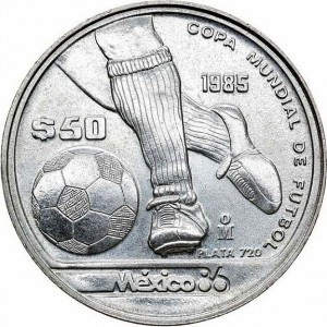 Реверс монеты Мексика, 50 песо, 1985, Чемпионат мира по футболу 1986 - Ведение мяча