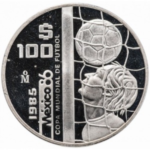 Реверс монеты Мексика, 100 песо, 1985, Чемпионат мира по футболу 1986 - Мяч в сетке