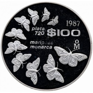 Реверс монеты Мексика, 100 песо, 1987, Всемирный фонд дикой природы - Данаида монарх