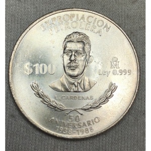 Реверс монеты Мексика, 100 песо, 1988, 50 лет национализации нефтяной промышленности