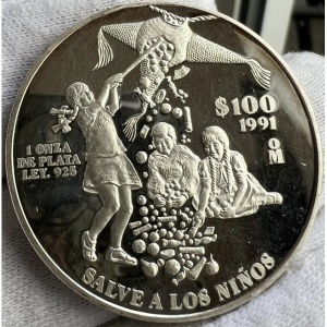 Реверс монеты Мексика, 100 песо, 1991, Спасём детей