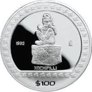 Реверс монеты Мексика, 100 песо, 1992, Ацтеки - Шочипилли /Xochipilli/