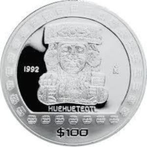 Реверс монеты Мексика, 100 песо, 1992, Ацтеки - Уэуэтеотль /Huehueteotl/