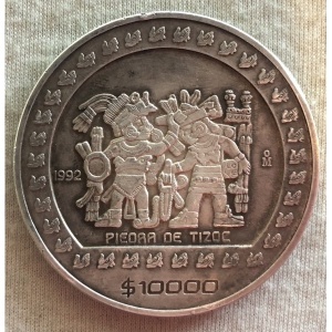 Реверс монеты Мексика, 10.000 песо, 1992, Ацтеки - Камень Тизока /Piedra de Tizoc/