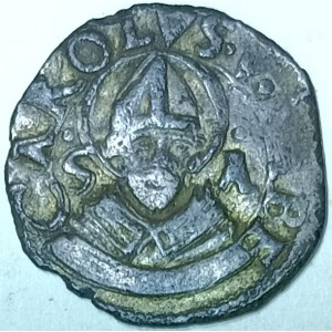 Аверс монеты Милан, 1 триллина, 1535, "S A" по бокам святого на аверсе, "K V" внизу на реверсе