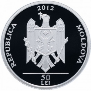 Аверс монеты Молдавия, 50 леев, 2012, Красная книга - Выдра (Lutra lutra)