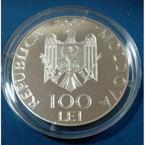 Аверс монеты Молдавия, 100 леев, 2000, 100 лет со дня рождения Штефана Няги