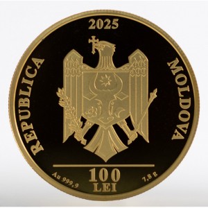 Аверс монеты Молдавия, 100 леев, 2025, 175 лет со дня рождения Михая Эминеску