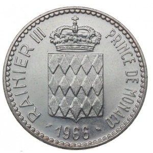 Аверс монеты Монако, 10 франков, 1966, 110 лет вступлению на престол Чарльза III