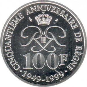 Реверс монеты Монако, 100 франков, 1999, 50 лет правлению Ренье III