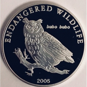 Реверс монеты Монголия, 500 тугриков, 2005, Вымирающие виды - Филин (Bubo bubo)