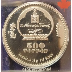 Аверс монеты Монголия, 500 тугриков, 2008, XXI зимние Олимпийские Игры, Ванкувер 2010