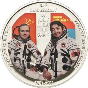 Реверс монеты Монголия, 500 тугриков, 2011, 30 лет полету Жугдэрдэмидийн Гуррагча в космос