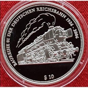 Реверс монеты Науру, 10 долларов, 2006, 80 лет паровозу BR 01