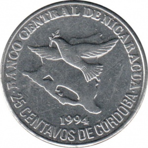 Реверс монеты Никарагуа, 25 сентаво, 1994