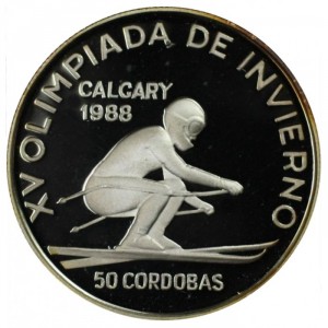 Реверс монеты Никарагуа, 50 кордоб, 1988, XV зимние Олимпийские Игры, Калгари 1988