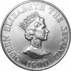 Аверс монеты Олдерни, 2 фунта, 1990, 90 лет со дня рождения Королевы-матери