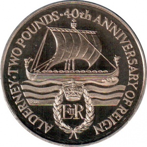Реверс монеты Олдерни, 2 фунта, 1992, 40 лет правлению Королевы Елизаветы II