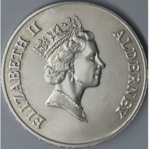 Аверс монеты Олдерни, 2 фунта, 1995, 50 лет возвращению Нормандских островов