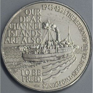 Реверс монеты Олдерни, 2 фунта, 1995, 50 лет возвращению Нормандских островов