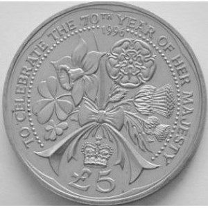 Реверс монеты Олдерни, 5 фунтов, 1996, 70 лет со дня рождения Королевы Елизаветы II