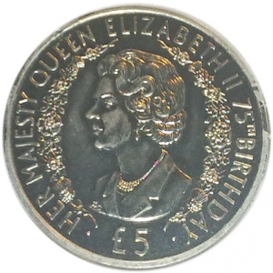 Реверс монеты Олдерни, 5 фунтов, 2001, 75 лет со дня рождения Королевы Елизаветы II