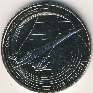 Реверс монеты Олдерни, 5 фунтов, 2003, Последний полет "Конкорда"