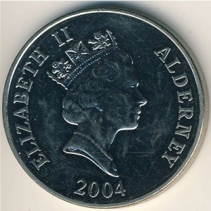 Аверс монеты Олдерни, 5 фунтов, 2004, Чемпионат мира по футболу 2006 - сборная Англия по футболу
