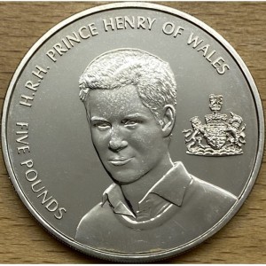 Реверс монеты Олдерни, 5 фунтов, 2005, 21 год со дня рождения Принца Генри