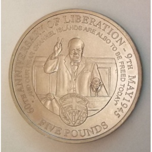 Реверс монеты Олдерни, 5 фунтов, 2005, 60 лет возвращению Нормандских островов