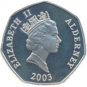Аверс монеты Олдерни, 50 пенсов, 2003, 50 лет коронации Королевы Елизаветы II /королева на лошади/