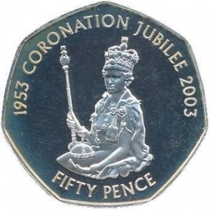Реверс монеты Олдерни, 50 пенсов, 2003, 50 лет коронации Королевы Елизаветы II /королева на троне/